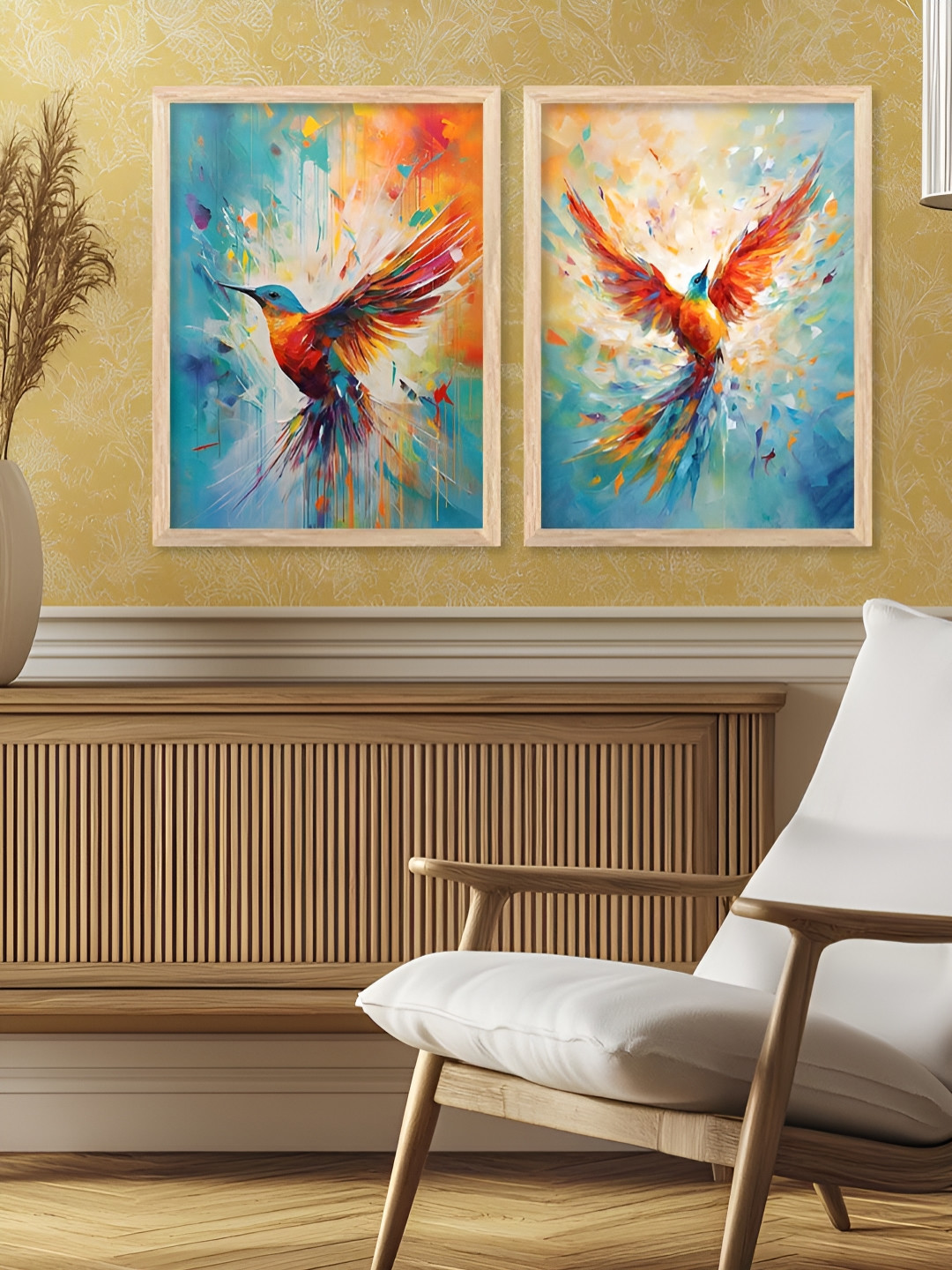 Kotart Brown & Orange Colored 2 Pieces Sparrows Printed Wooden Wall Arts