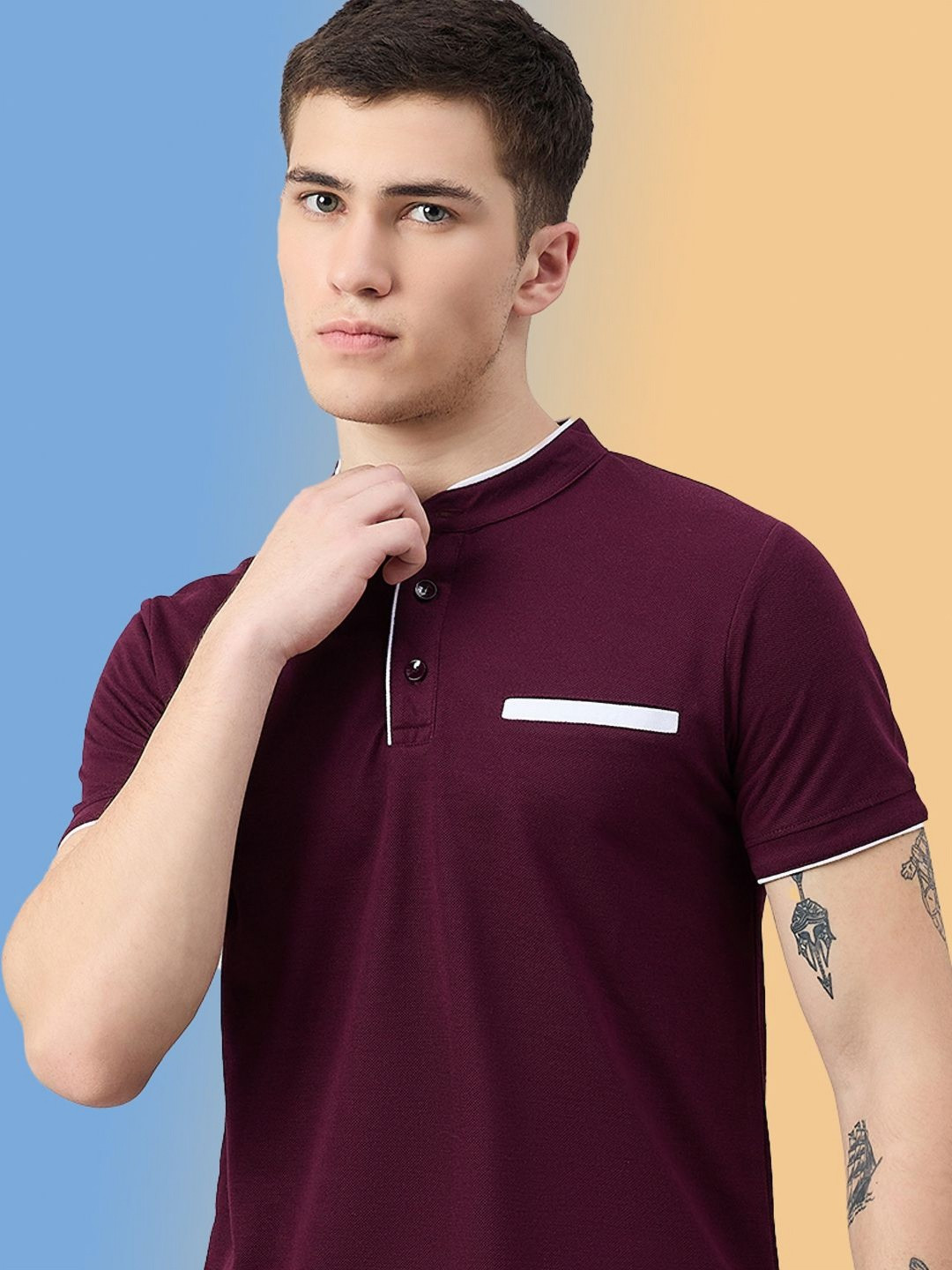 Zigo Men Solid Mandarin Collar Slim Fit T-shirt