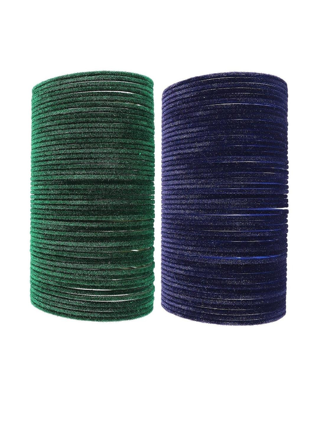 Guddan Set of 96 Green & Navy Blue Metal Velvet Bangles