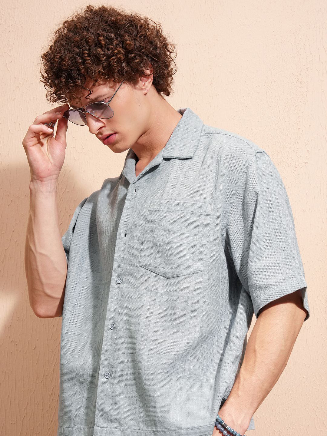 HIGHLANDER Men Relaxed Fit Textured Cuban Collar Casual Shirt