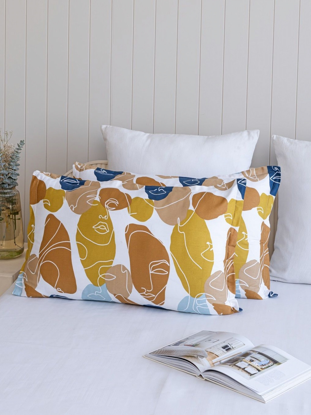 HOMEMONDE Faces of Color White 2 Pieces Printed Pure Cotton Rectangle Pillow Covers