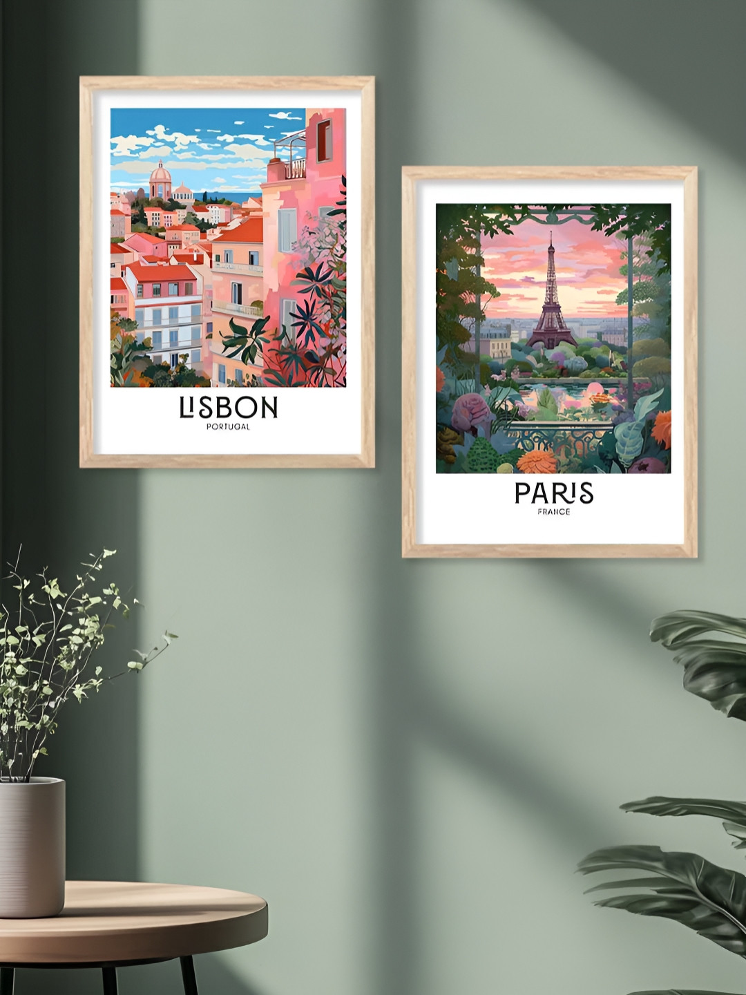 Kotart Brown & Pink 2 Pieces Cities Printed Wooden Wall Arts