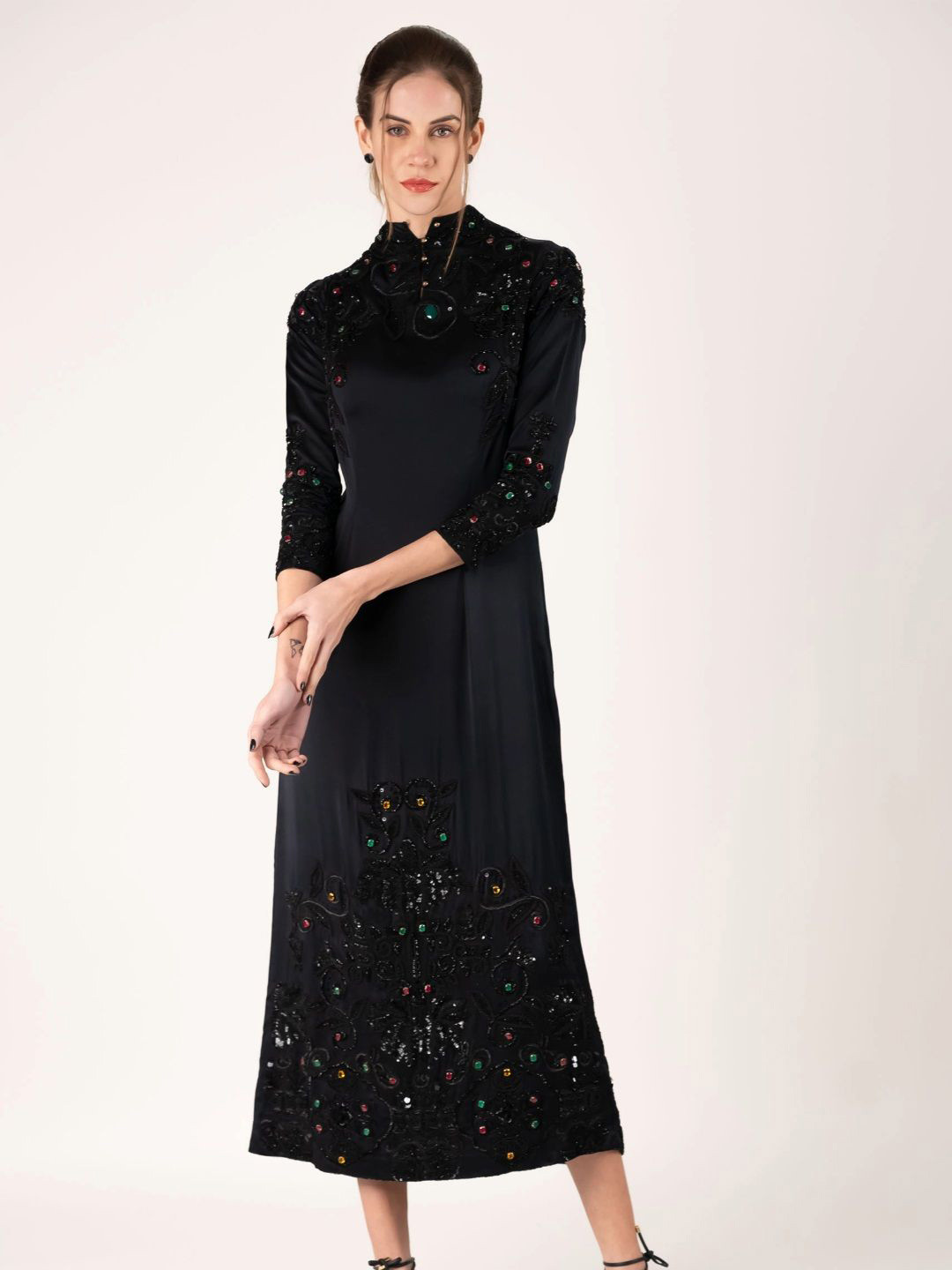 ROOH by SHIVANI Women Ethnic Motifs Embroidered High Neck Sequined Silk A-Line Midi Dress