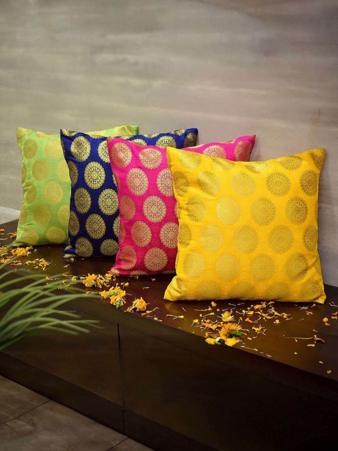 RoyalDeco Mandala Yellow & Pink 4 Pieces Ethnic Motifs Brocade Silk Square Cushion Covers