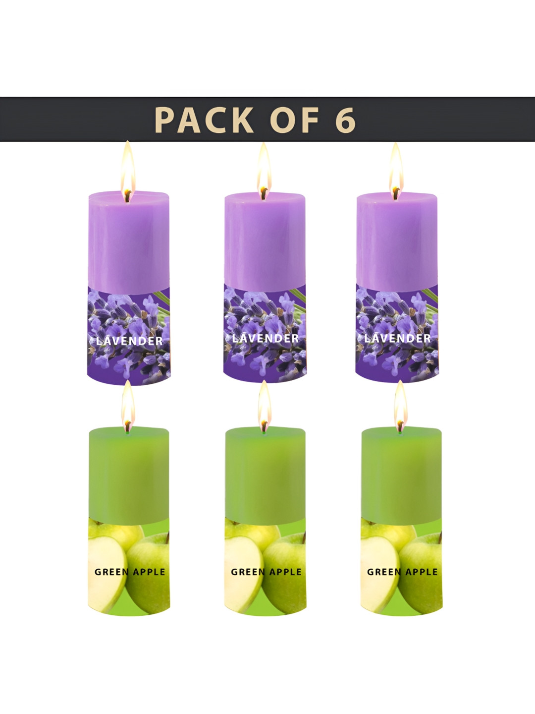 PEEPALCOMM 6Pcs 1 Wick Lavender and Green Apple Solid Tapered Regular Pillar Candles