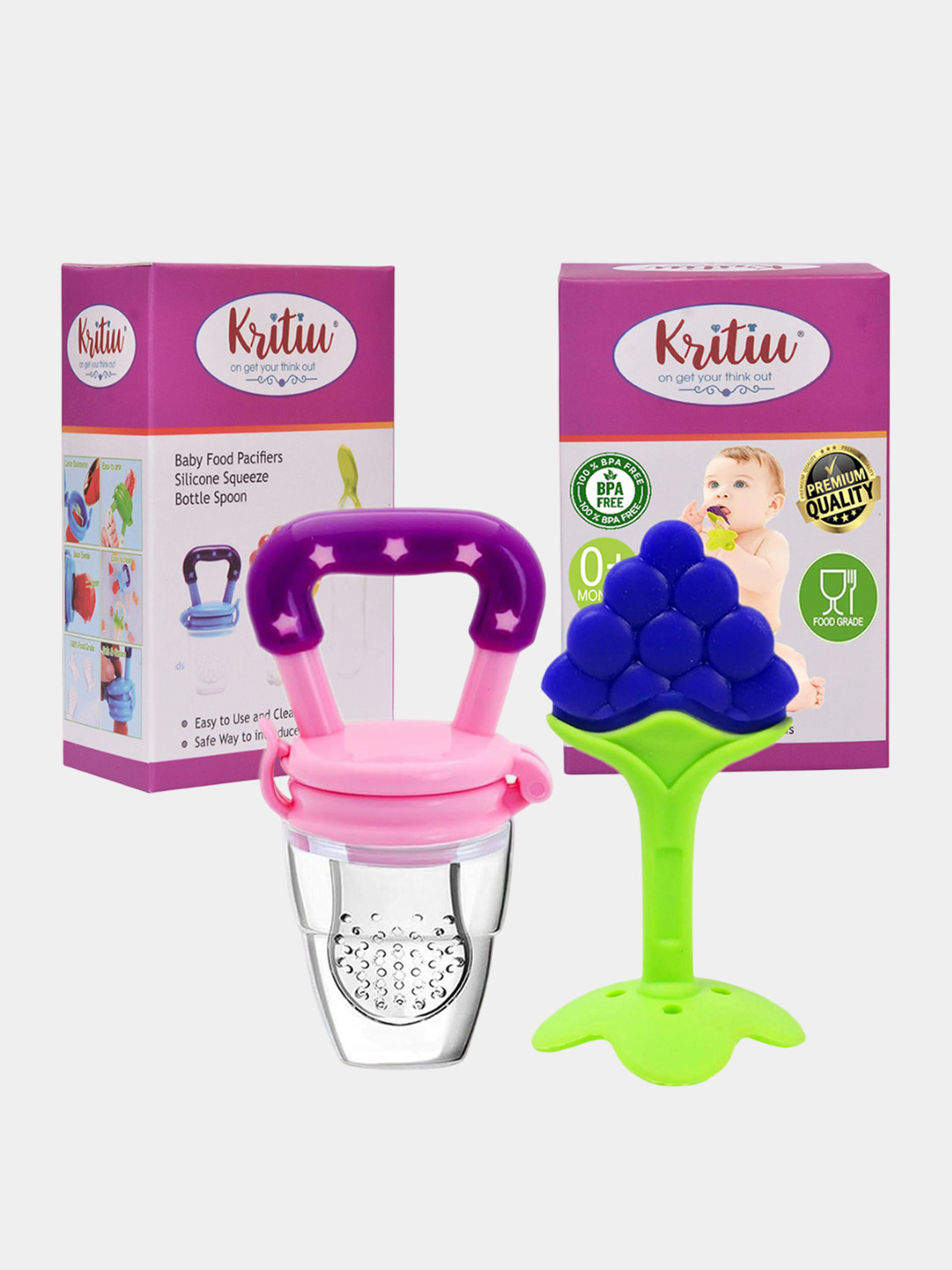 Kritiu Set Of 2 Baby Silicone Fruit Teether & Fruit Feeder- Blue & Purple