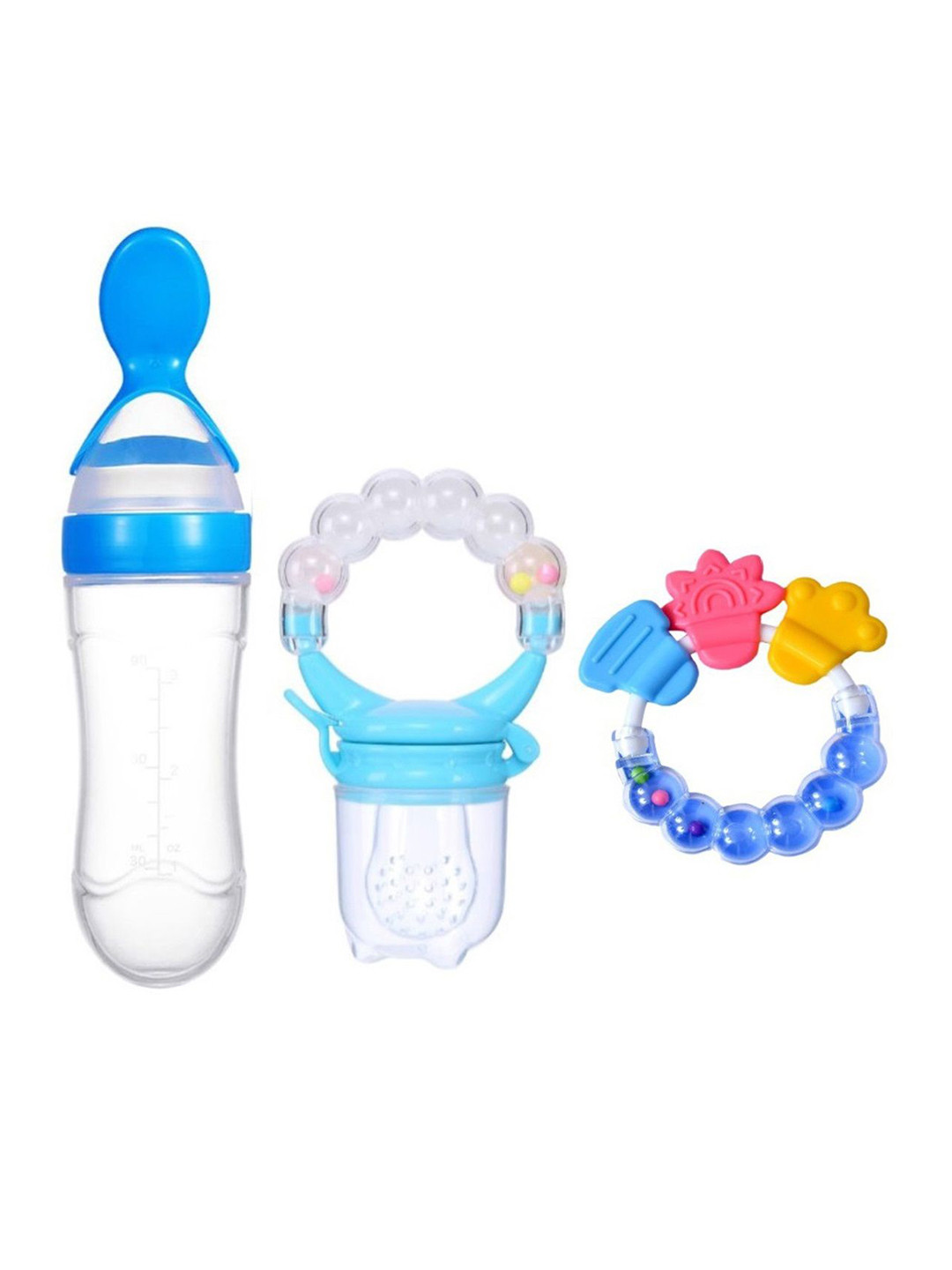 Joy Buzz Kids Set Of 3 Baby Spoon Feeder Fruit Feeder & Rattle Teether - Blue