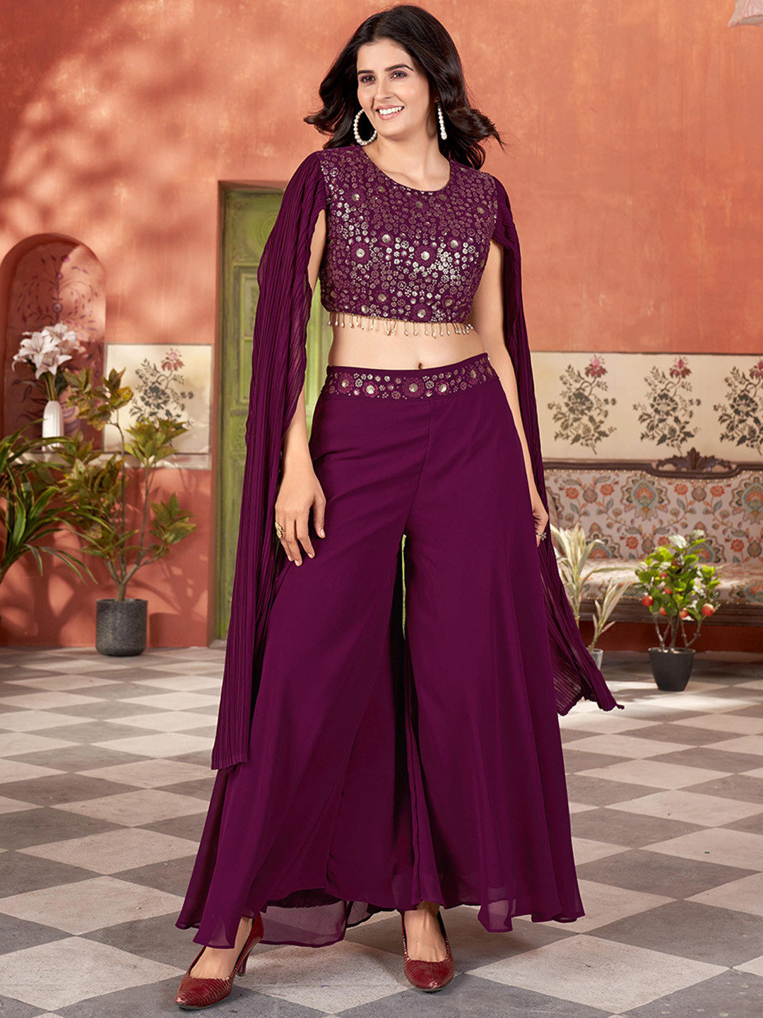 VARNI FABRICS Embroidered Round Neck Top With Palazzos Co-Ords