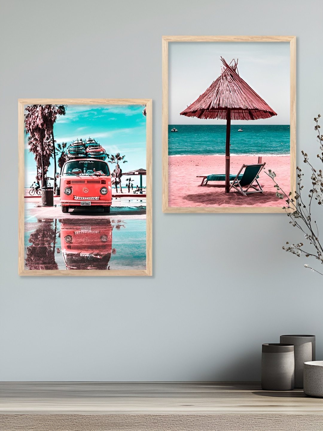 Kotart Brown & Green 2 Pieces Bus & Beach Printed Wooden Wall Arts
