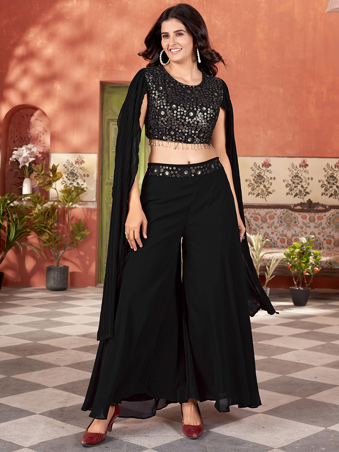 VARNI FABRICS Embroidered Round Neck Top With Palazzos Co-Ords