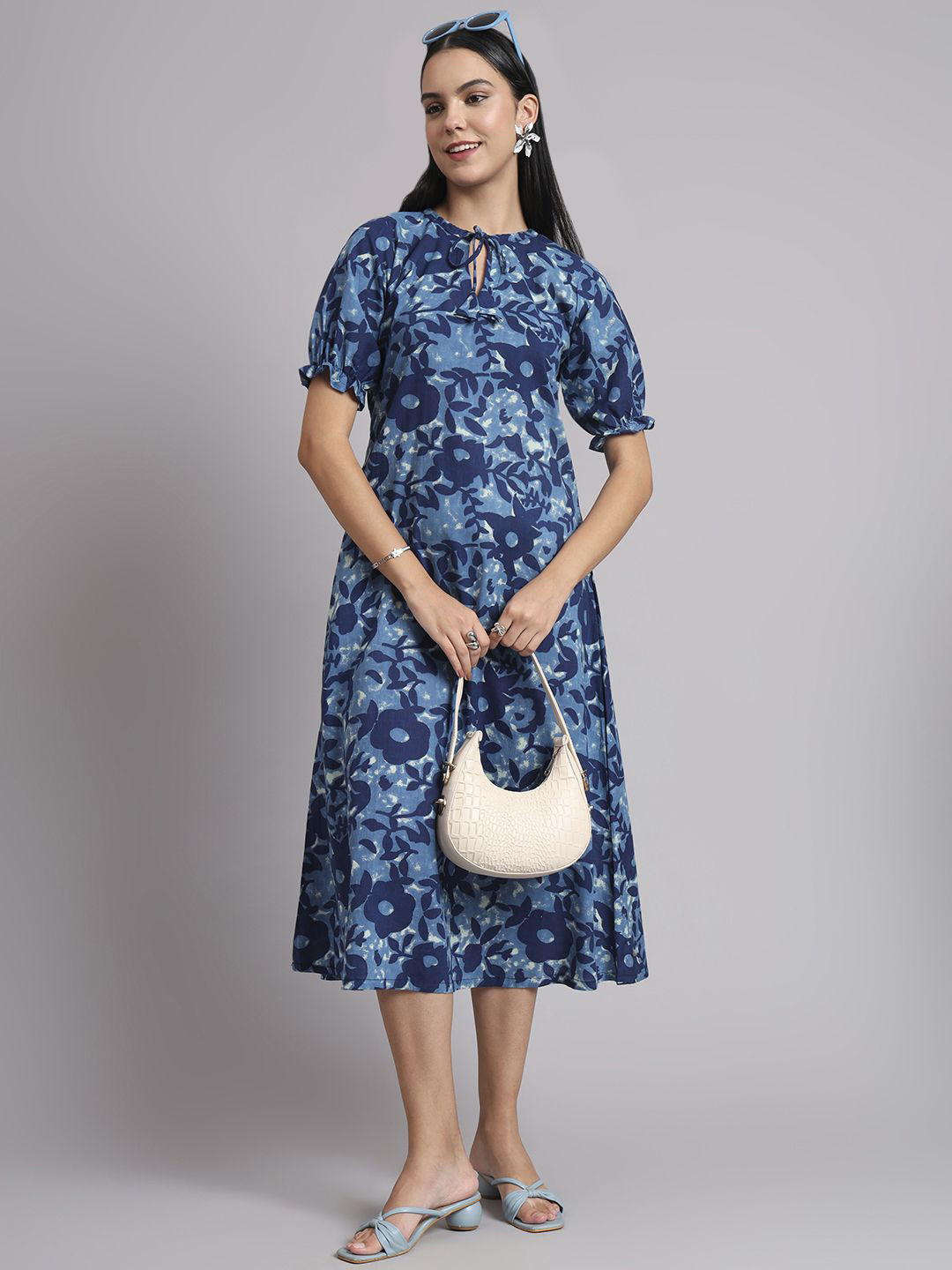 THE SAFFRON SAGA Women Floral Print Keyhole Neck Puff Sleeves Cotton A-Line Midi Dress
