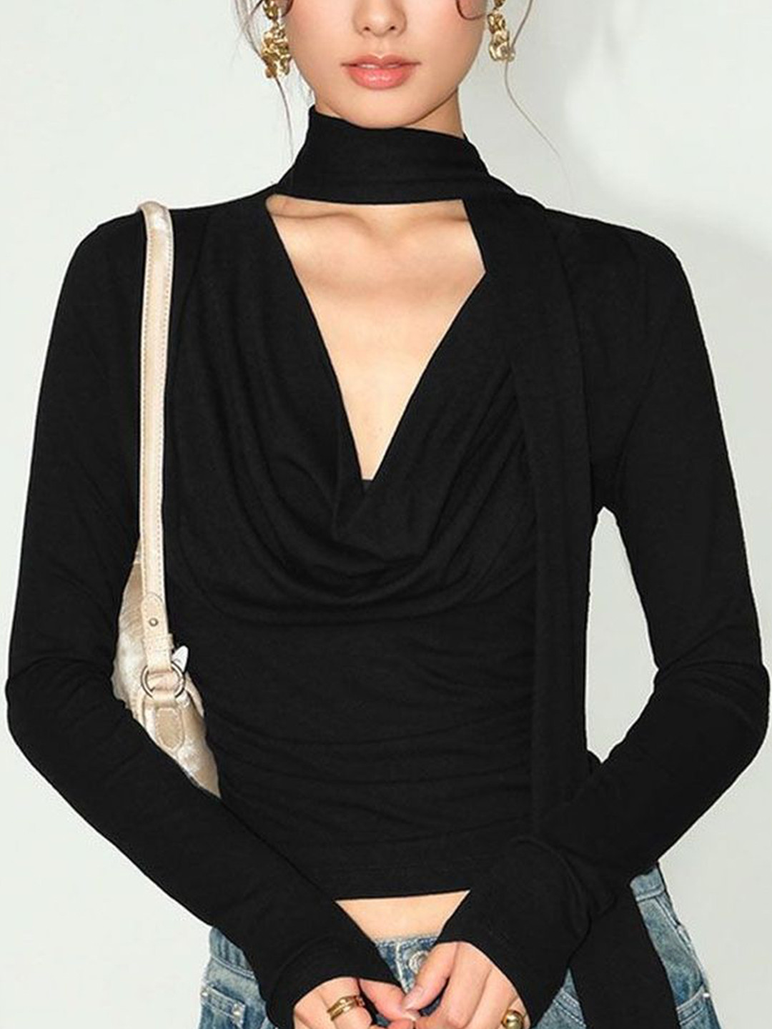 LULU & SKY Cowl Neck Regular Sleeves Scarf-Style Crop Fitted Top