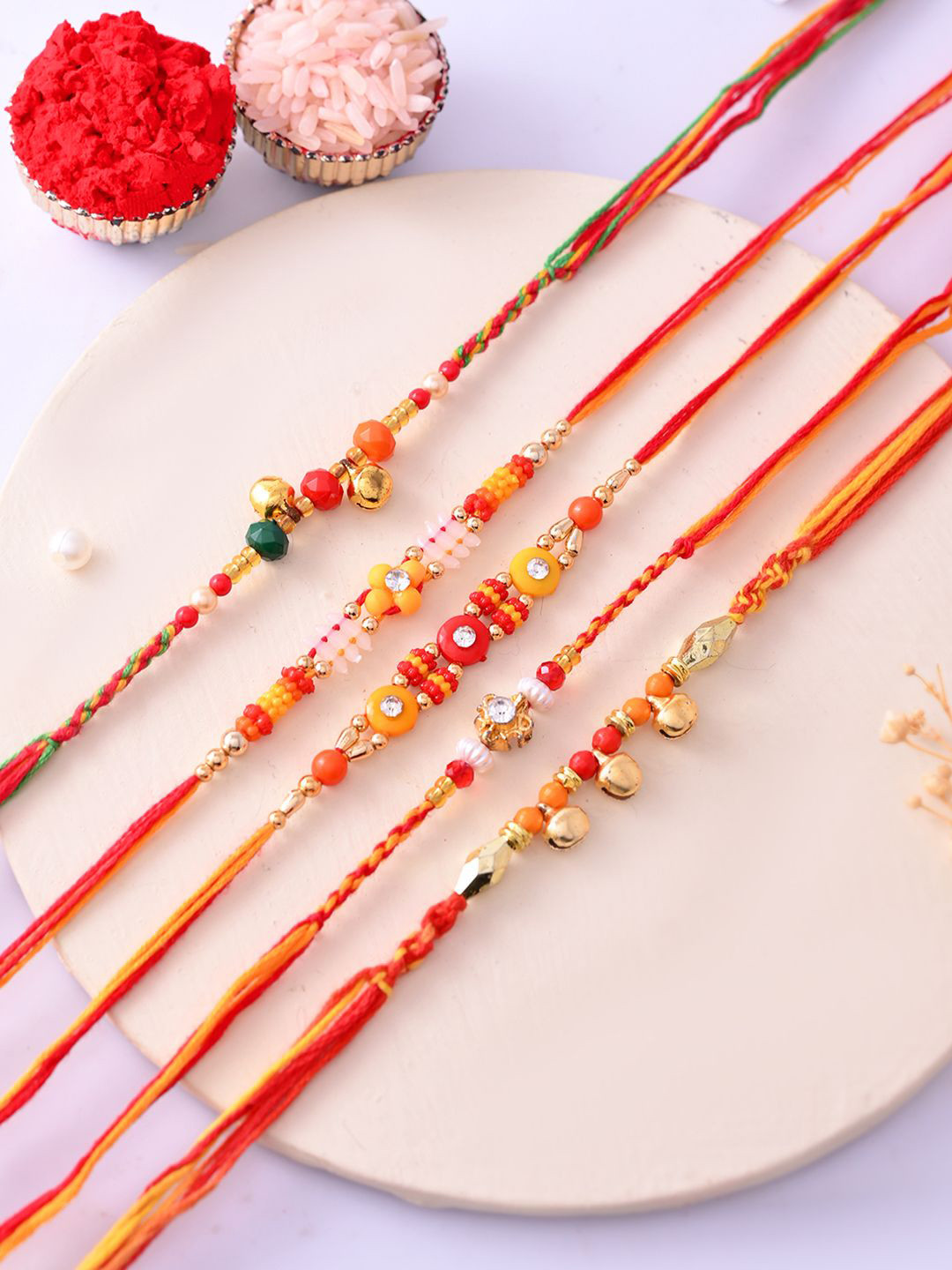 Aapno Rajasthan Set of 5 Stone-Studded & Beaded Thred Rakhi Set