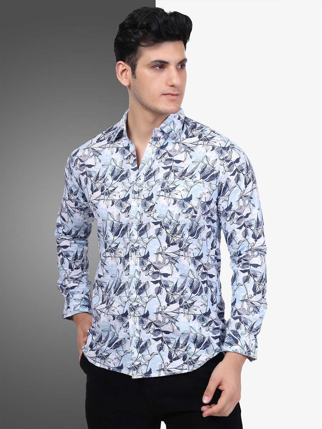 D Finish Smart Floral Printed Spread Collar Cotton Linen Shirt