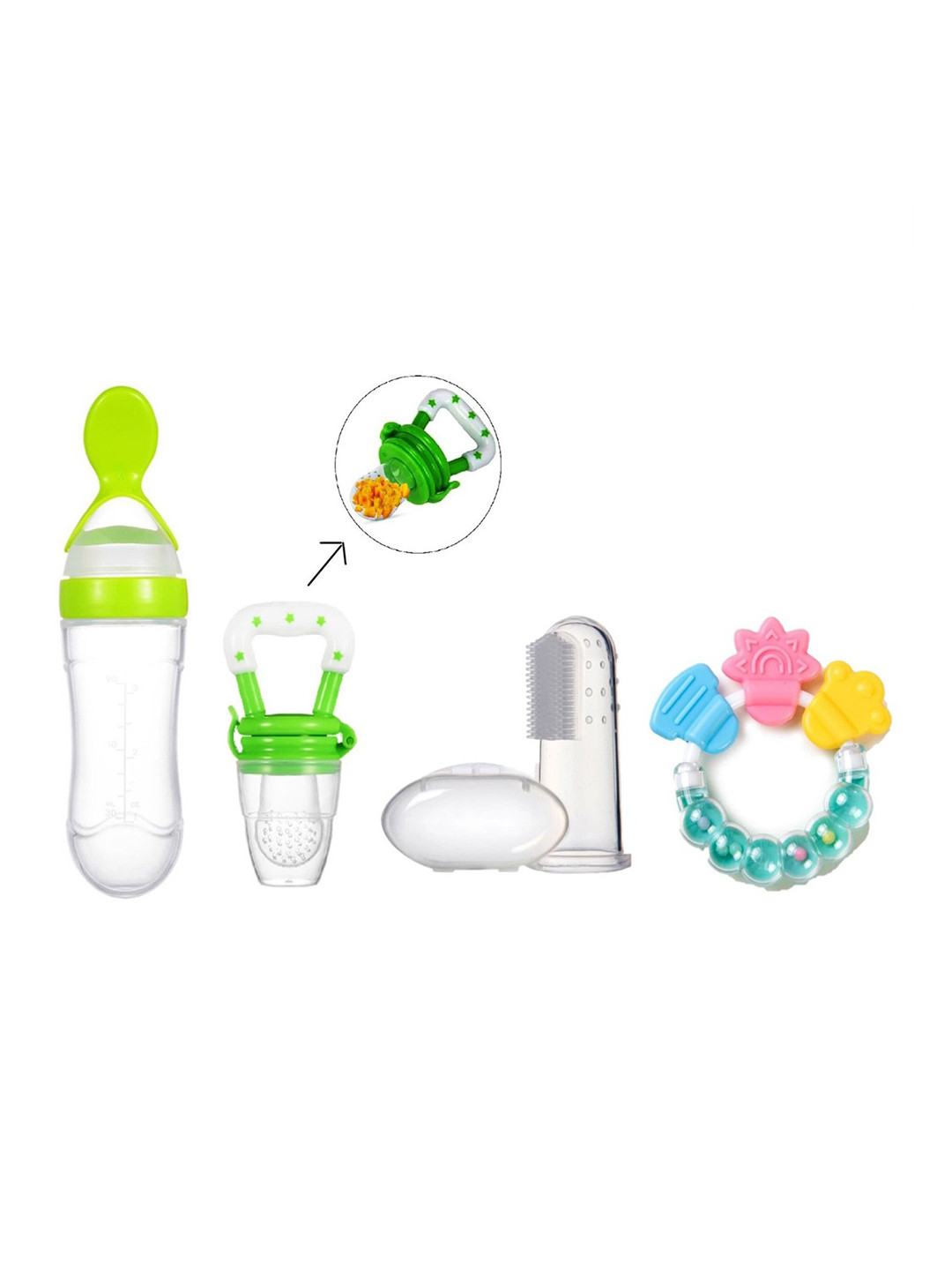 Joy Buzz Kids Set Of 4 Food Feeder With Spoon Rattle Teether Toothbrush & Nibbler - Green
