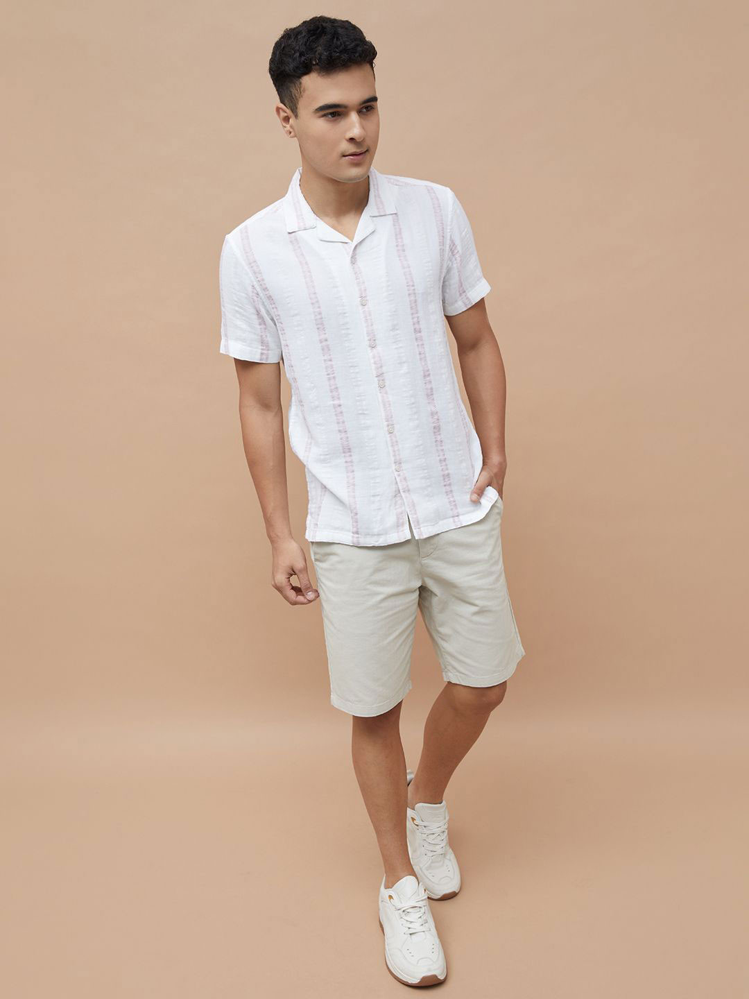 CODE by Lifestyle Men Vertical Striped Cuban Collar Cotton Casual Shirt