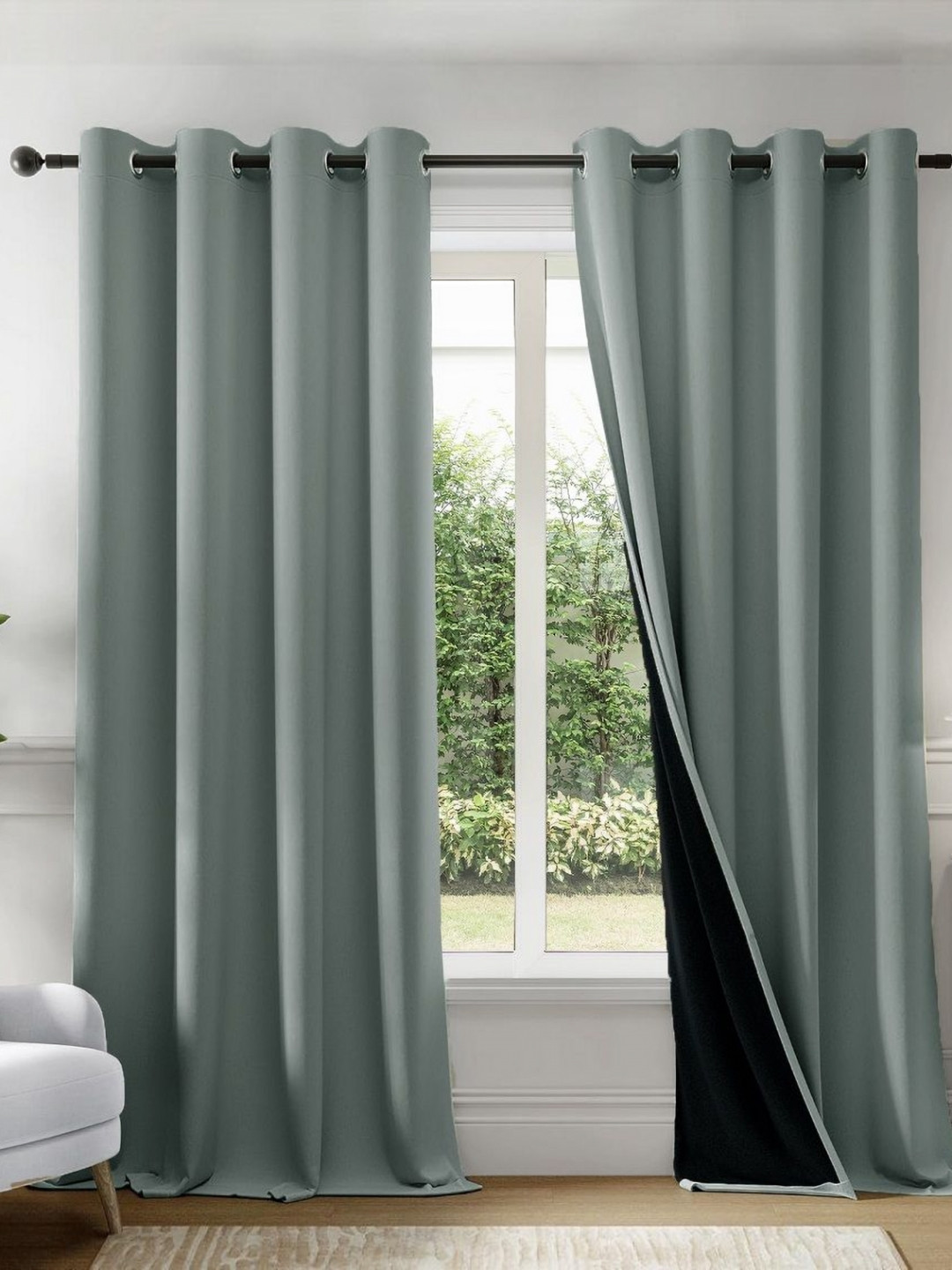 HOMEMONDE Grey & Black 2 Pieces Black Out Door Curtains