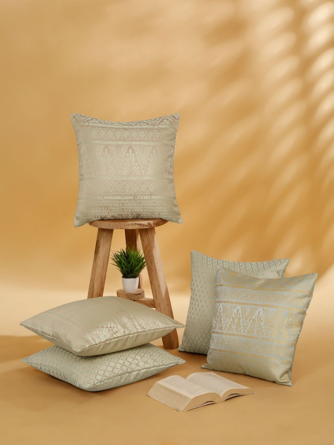 Myntra Elegant Homes Green & Gold-Toned 5 Pieces Printed Square Cushion Covers