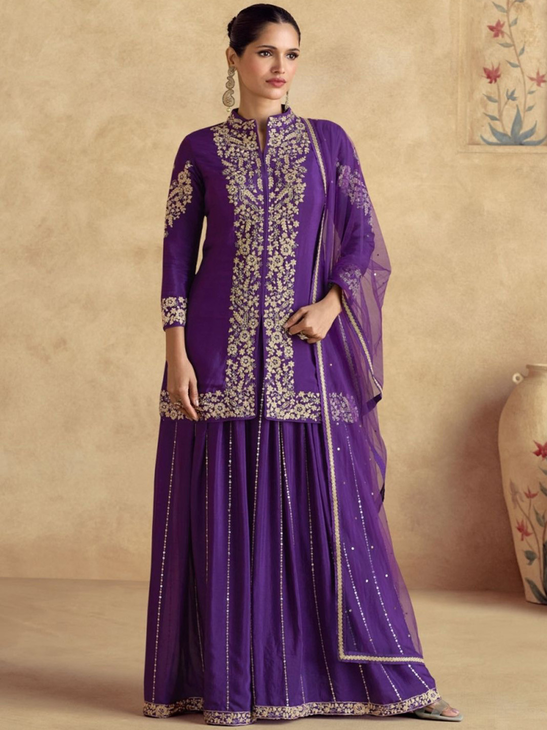 UDAY ENTERPRISE Women Embroidered Sequinned Pure Silk Kurta with Sharara & Dupatta