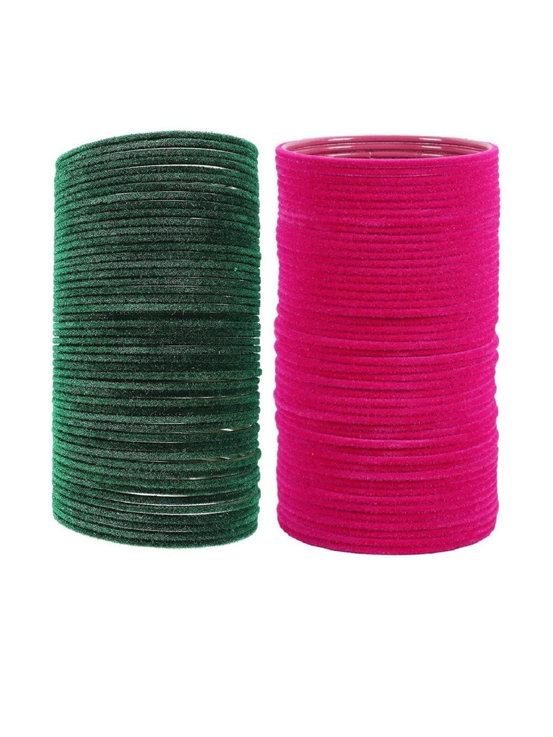 Guddan Set of 96 Green & Rani Metal Velvet Bangles