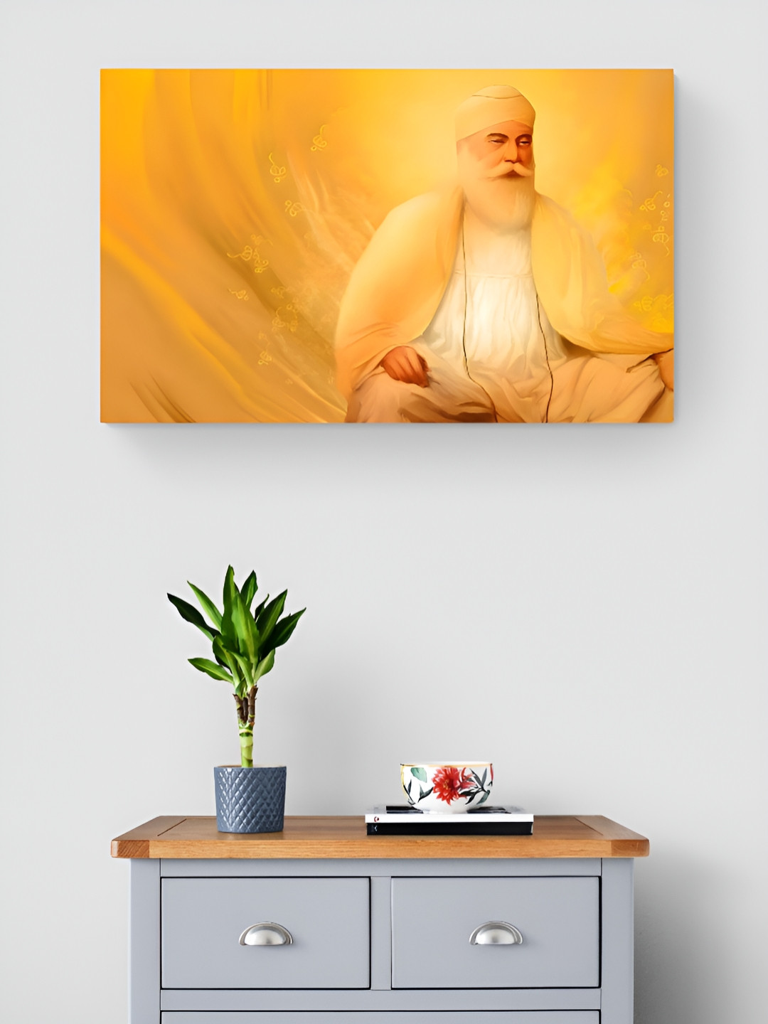 Tushaco Handicrafts Yellow & White Guru Nanak Ji Printed Religious Canvas Wall Art