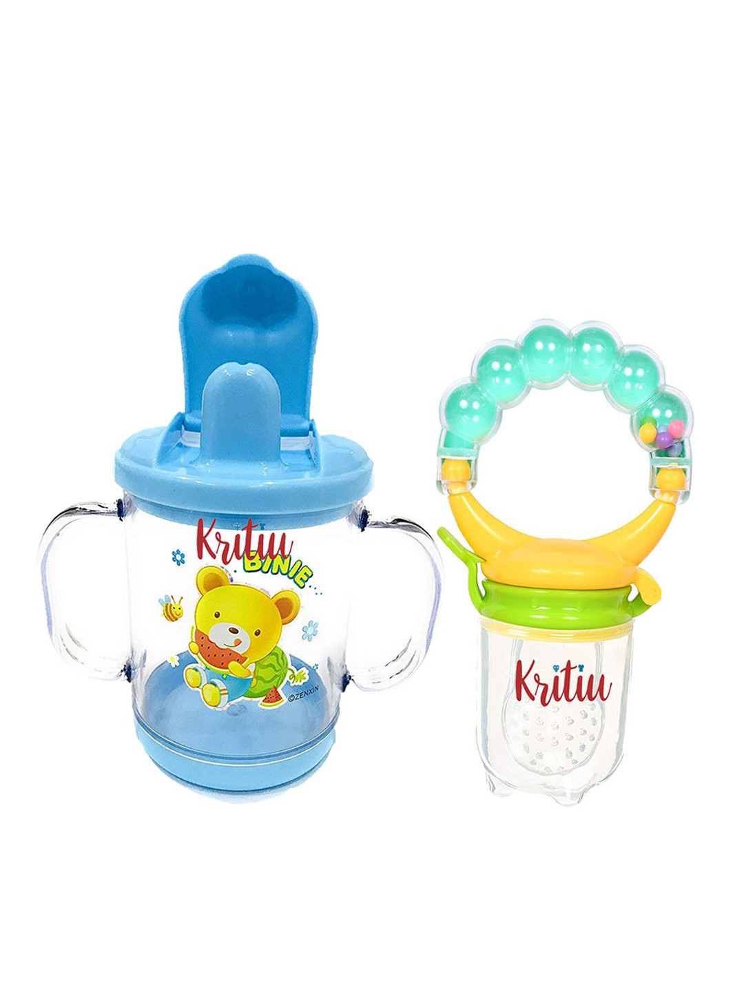 Kritiu Kids Set Of 2 Baby Sippy Spout Cup With Handles - 200 ml & Rattel Nibbler - Blue