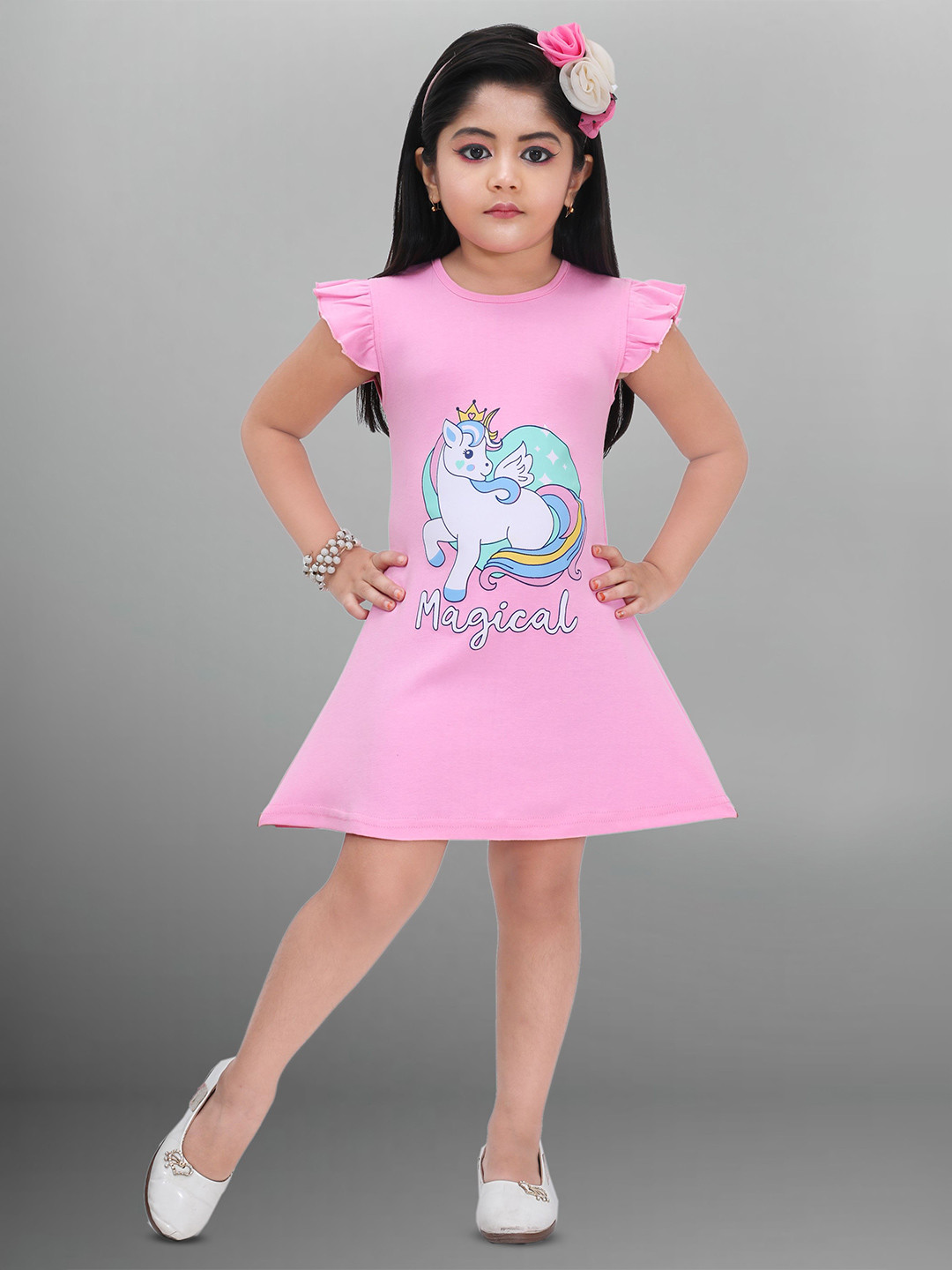 BARKAT DESIGNING PLANET Girls Unicorn Print Flutter Sleeve Cotton Fit & Flare Dress