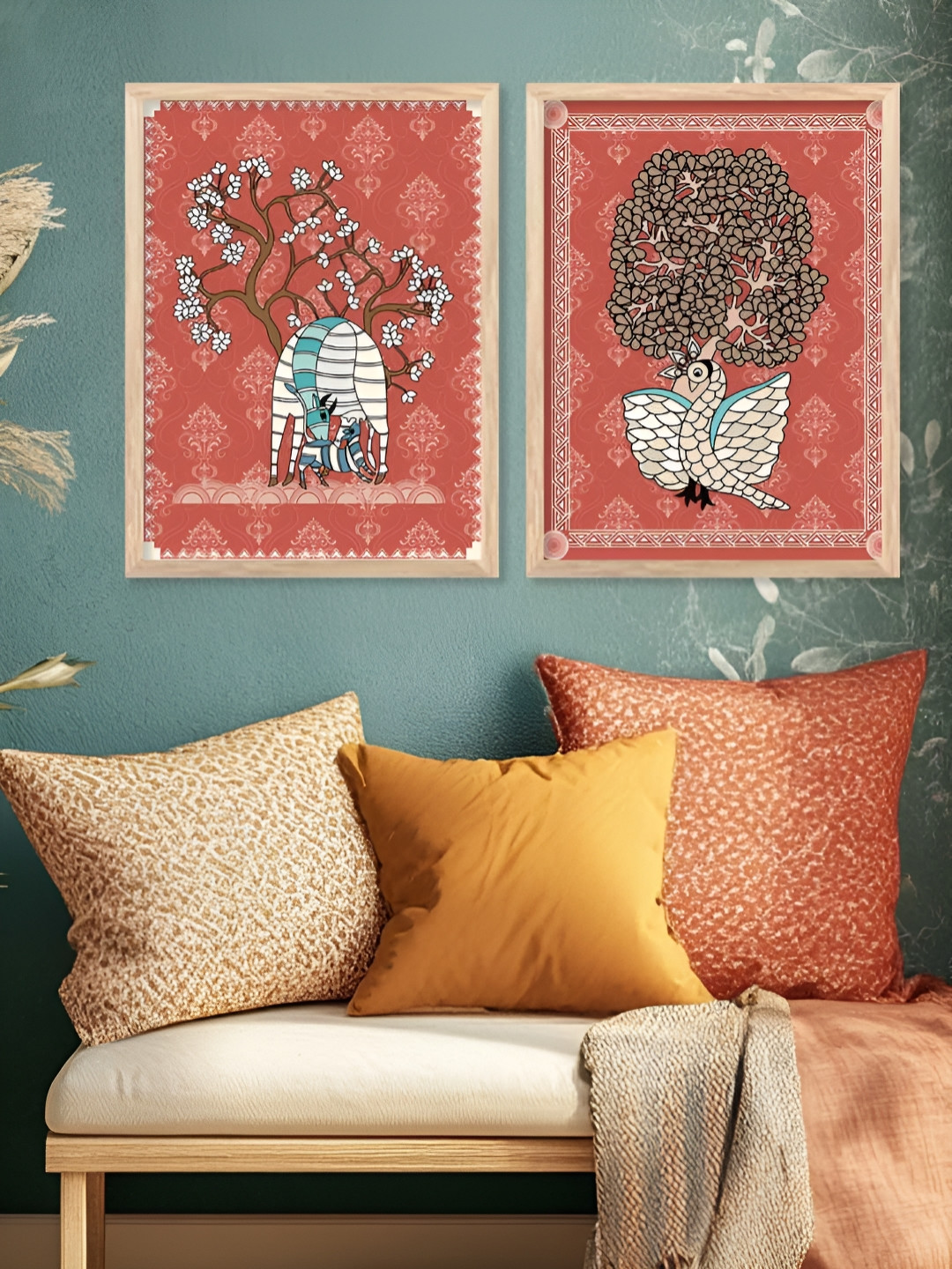 Kotart Rust & White 2 Piece Birds and Animals Wooden Wall Arts