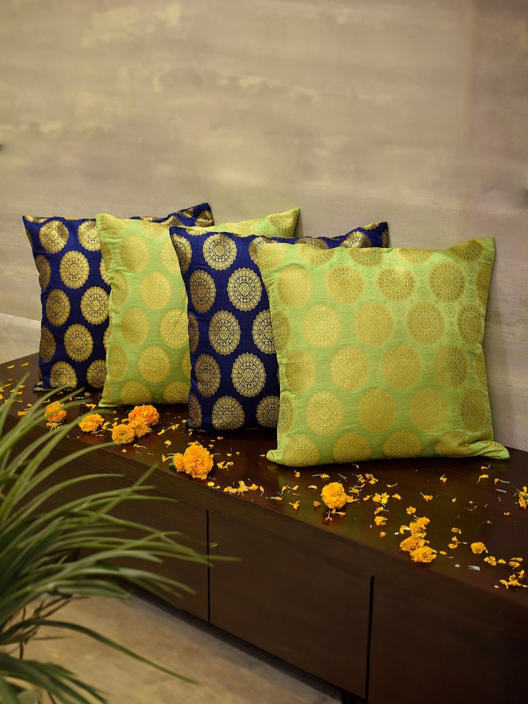 RoyalDeco Mandala Blue & Green 4 Pieces Ethnic Motifs Brocade Silk Square Cushion Covers