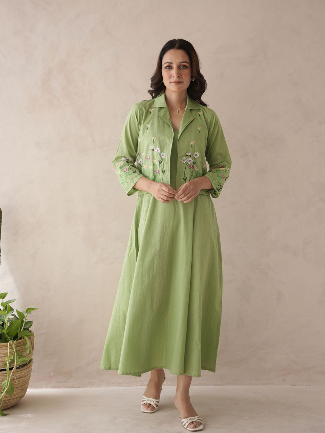 OneWe Women Gulshan Iri Sage Green Embroidery Cotton Jacket Dress