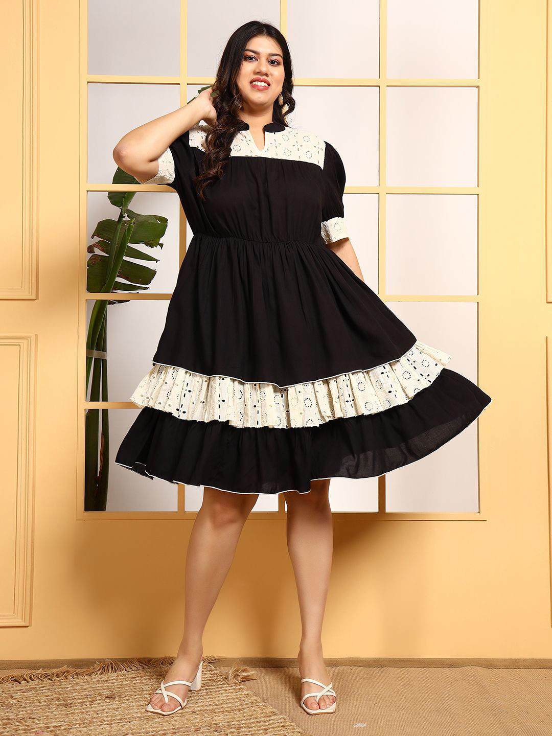 DEEBACO Women Plus Size Embroidered Tiered Dress