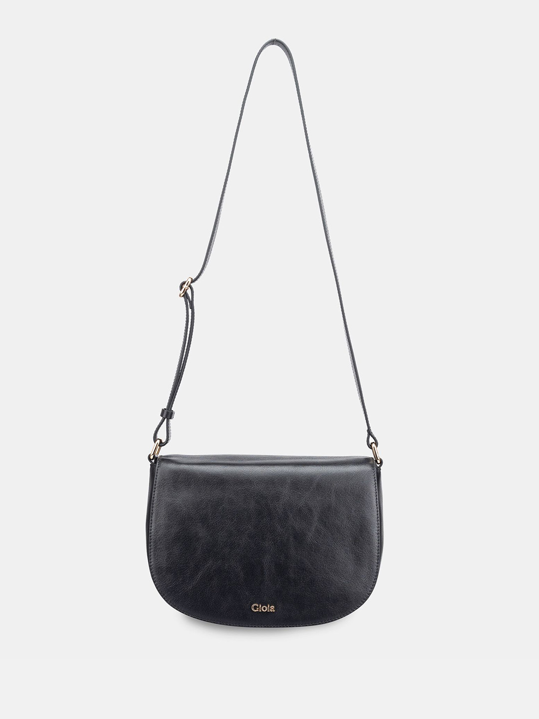 GIOIA Women Black Leather The Noir Edit Flapover Crossbody Bag