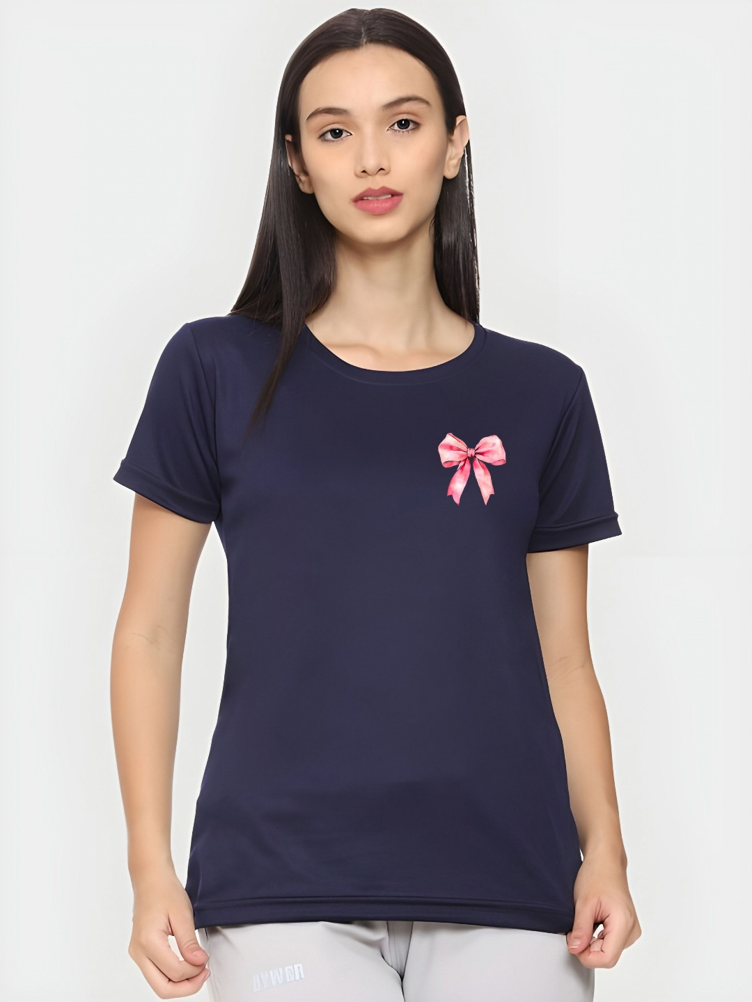 Navy Blue Round Neck Bow Print Regular Fit T-shirt