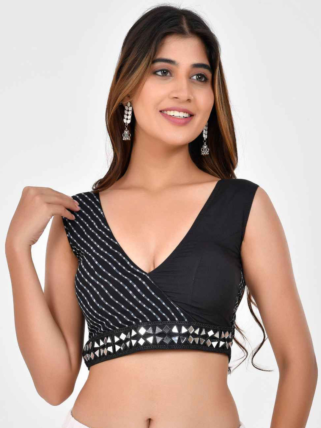 Amodini Designer Studio Lehriya Printed with Embroidered Sleeveless Saree Blouse