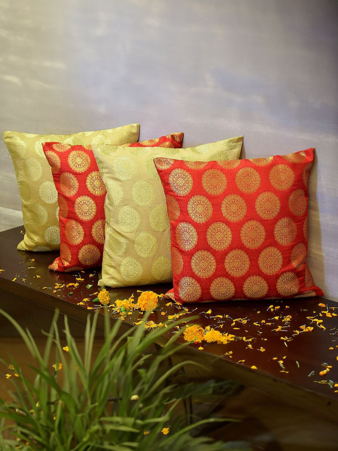 RoyalDeco Mandala Red & Beige 4 Pieces Ethnic Motifs Brocade Silk Square Cushion Covers