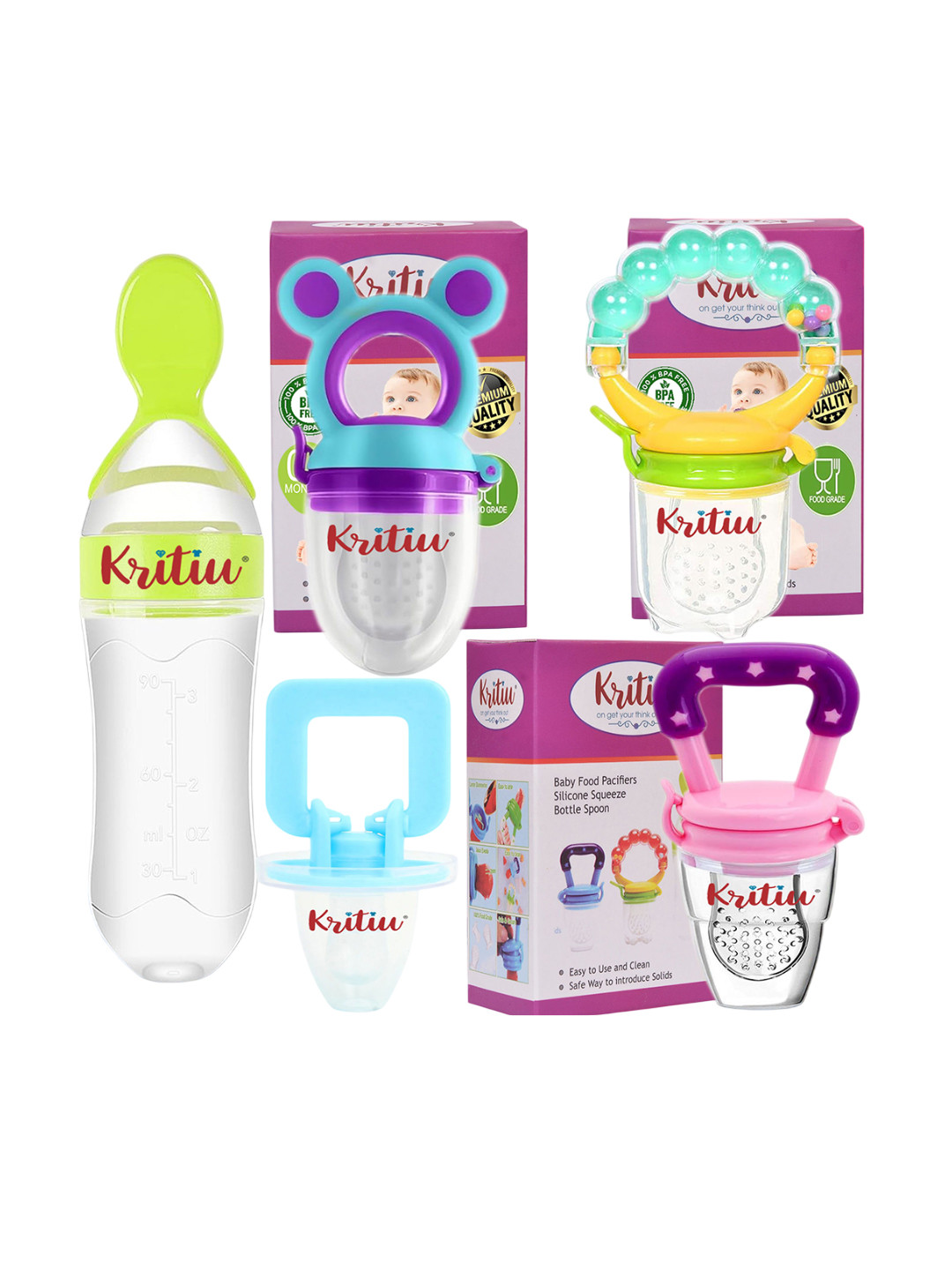 Kritiu 5Pcs Blue & Transparent Printed BPA-Free Leak-Proof Silicone Food Feeders