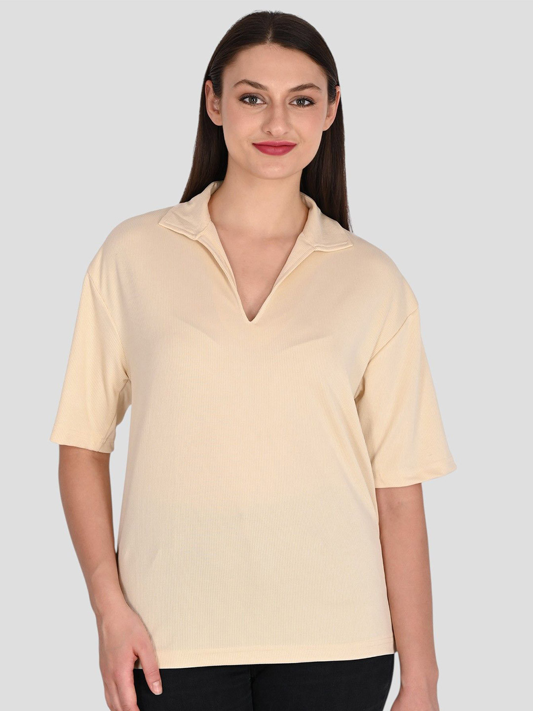 TRAQUILA HIP-HOP Women Ribbed Shirt Collar Top