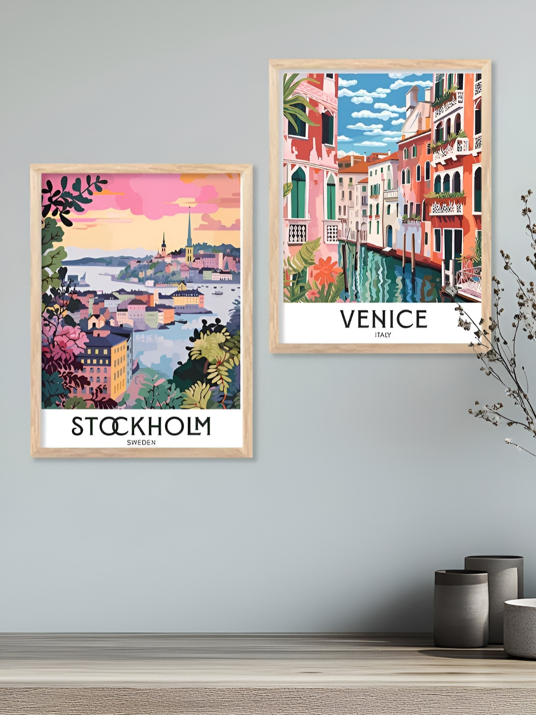 Kotart Brown & Beige 2 Pieces Cities Printed Wooden Wall Arts