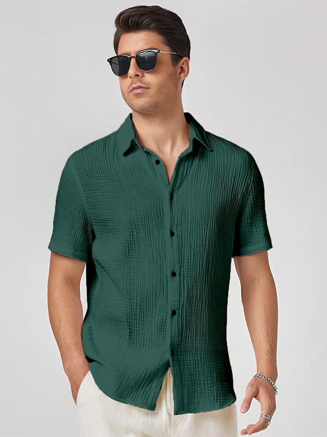 TIGER SNAKE Self Design Spread Collar Short Sleeves Casual Shirt