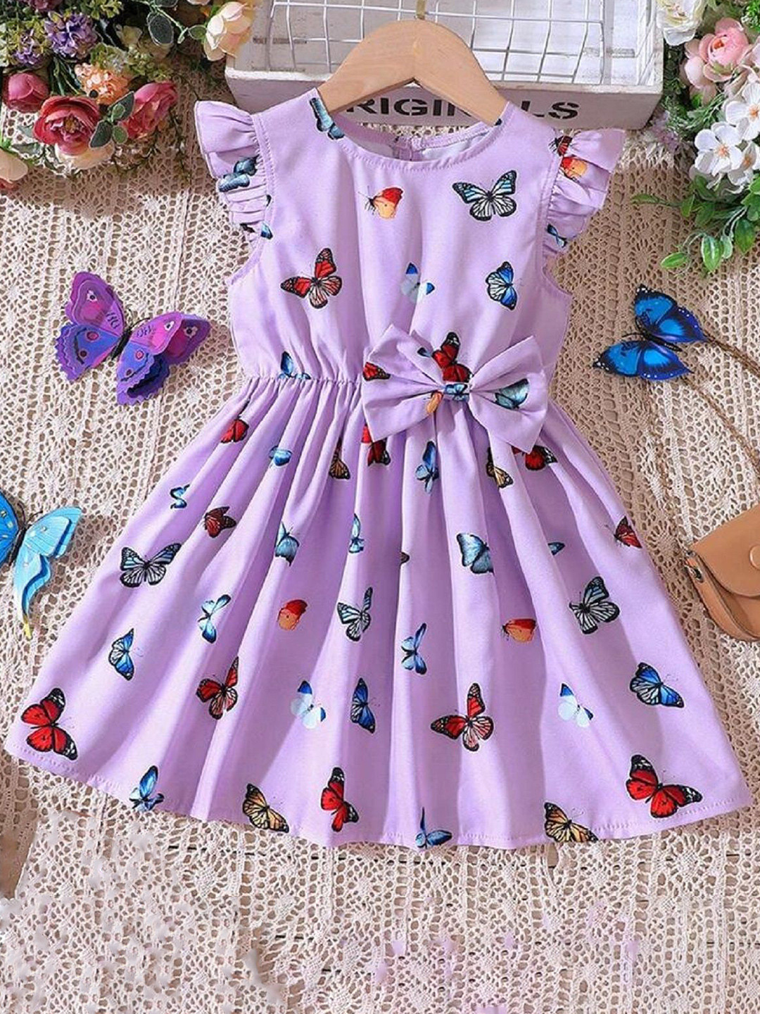 White World Girls Flutter Sleeves Fit & Flare Dress