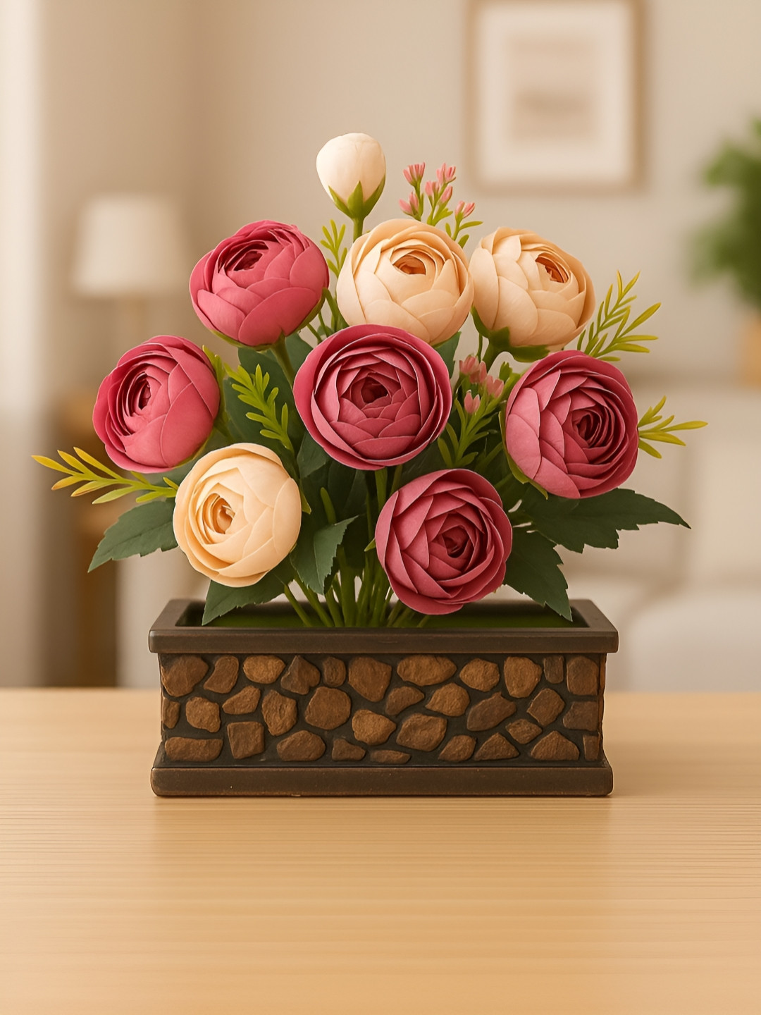 ARTSY Cream-Coloured & Purple Peony Artificial Flower With Pot