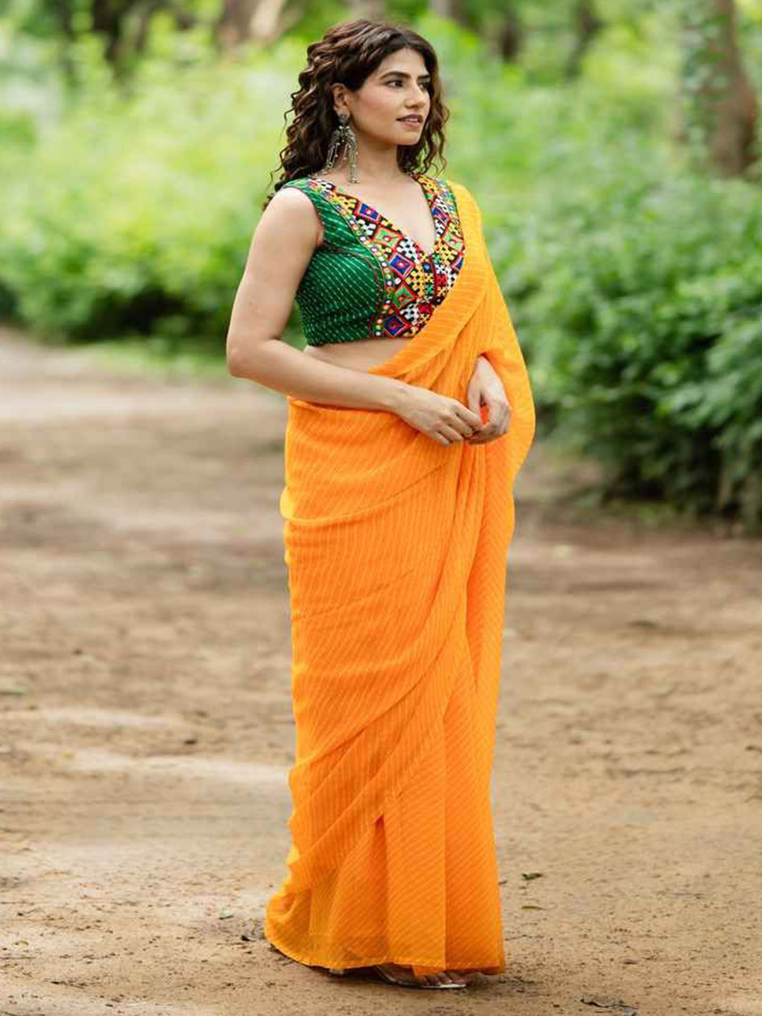 Amodini Designer Studio Lehriya Printed with Embroidered Saree Blouse