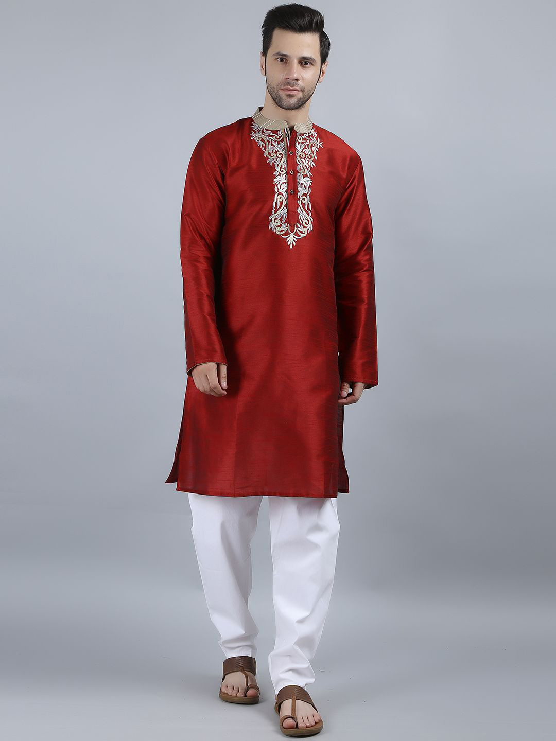 Arch element Floral Embroidered Mandarin Collar Thread Work Straight Cotton Kurta