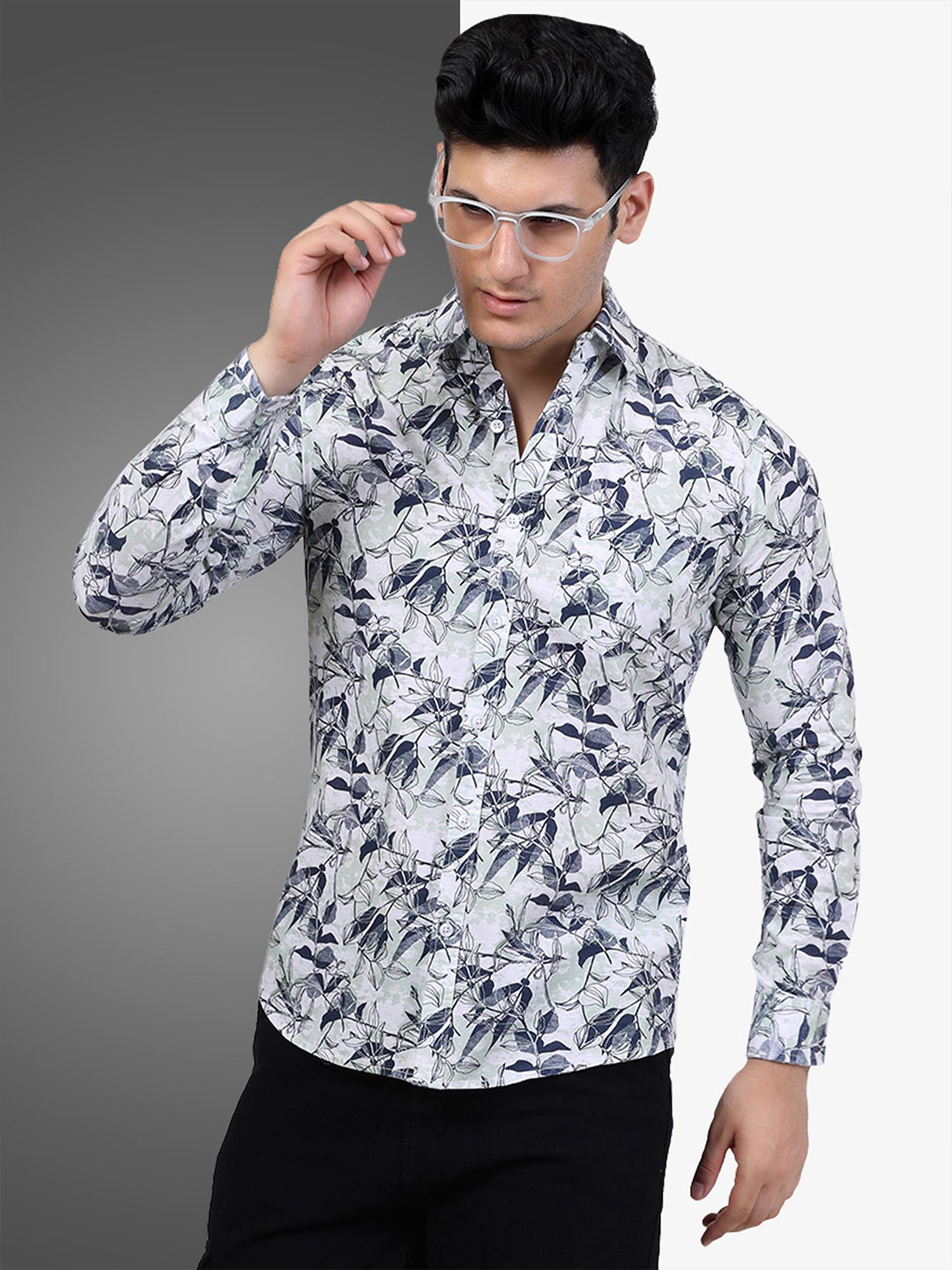 D Finish Smart Floral Printed Spread Collar Cotton Linen Shirt