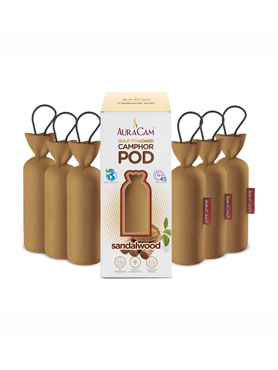 AuraCam 6Pcs Brown Gold Standard Camphor Pod Cone Sandalwood Air Fresheners