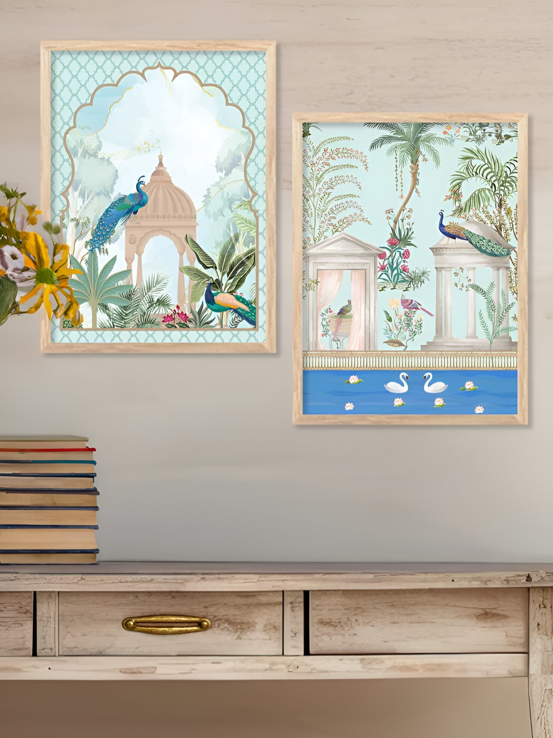 Kotart Sea Green & Brown 2 Piece Birds and Animals Wooden Wall Arts