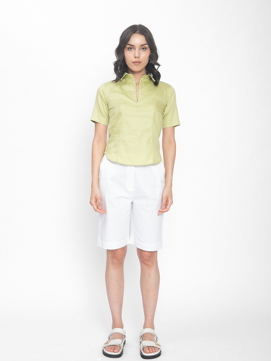 Contemponari Women Embroidered Lace Inserts Cotton Shirt Style Top