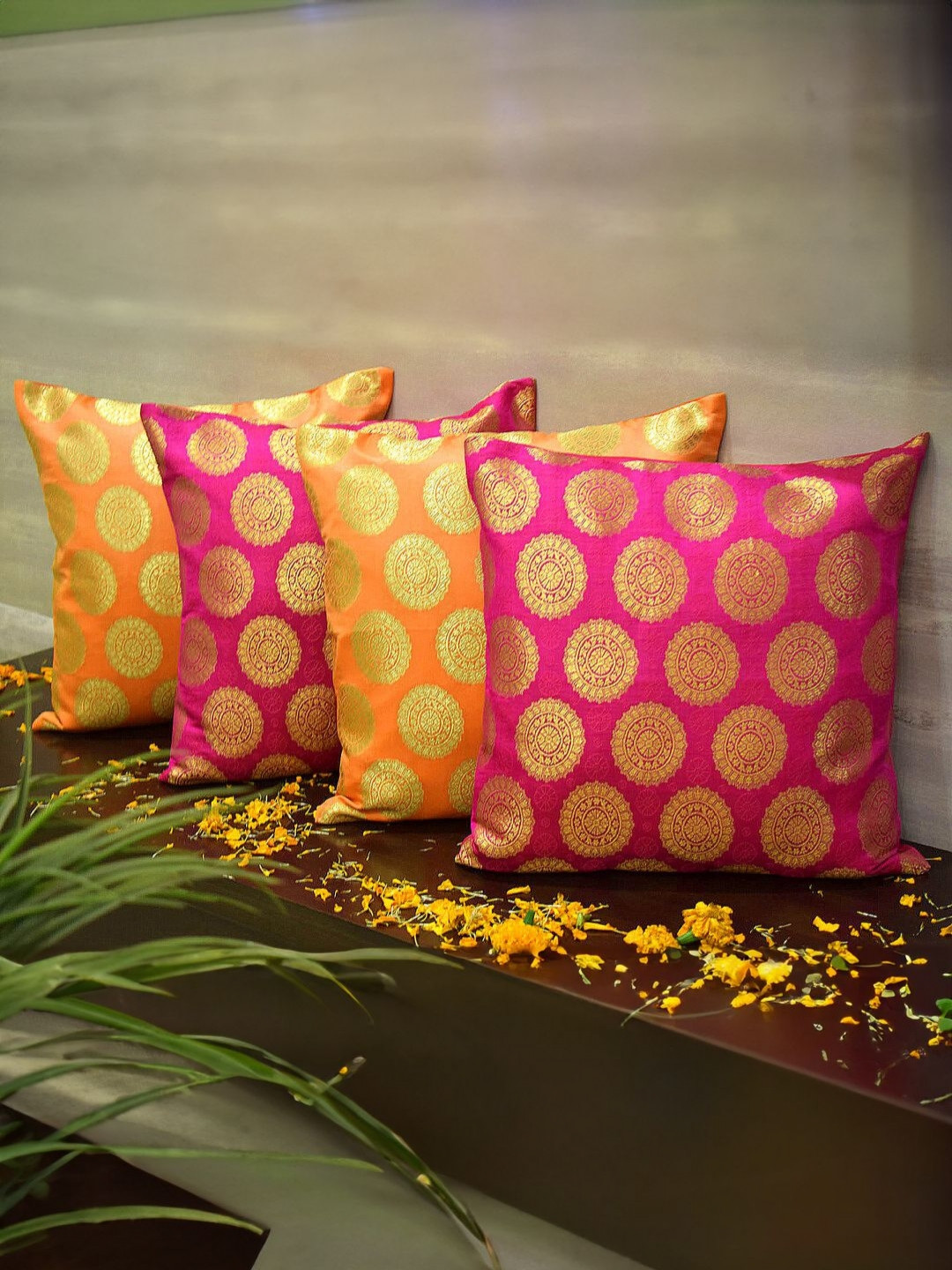 RoyalDeco Mandala Magenta 4 Pieces Ethnic Motifs Brocade Silk Square Cushion Covers