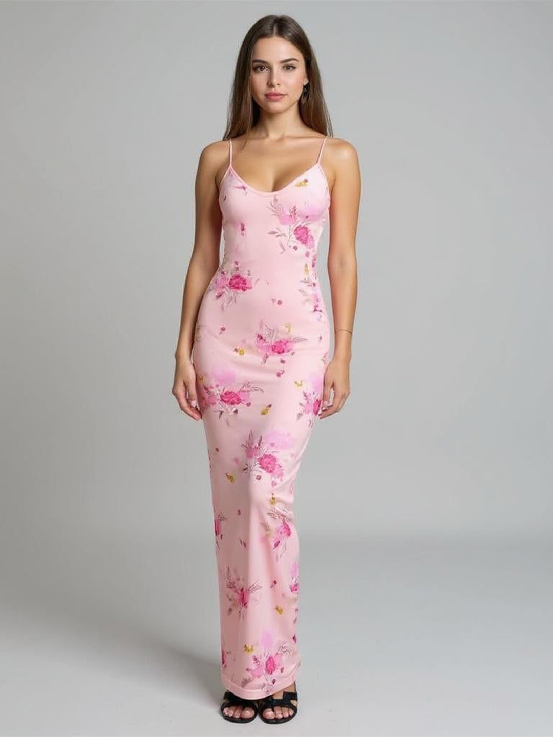 Outzidr Women Floral Printed Spaghetti Strap Styled Back Bodycon Maxi Dress