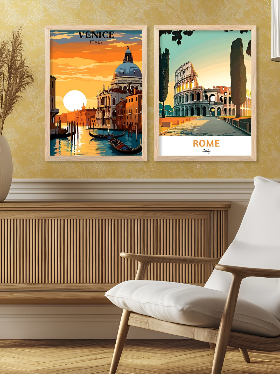 Kotart Brown & Orange Colored 2 Pieces Cities Printed Wooden Wall Arts